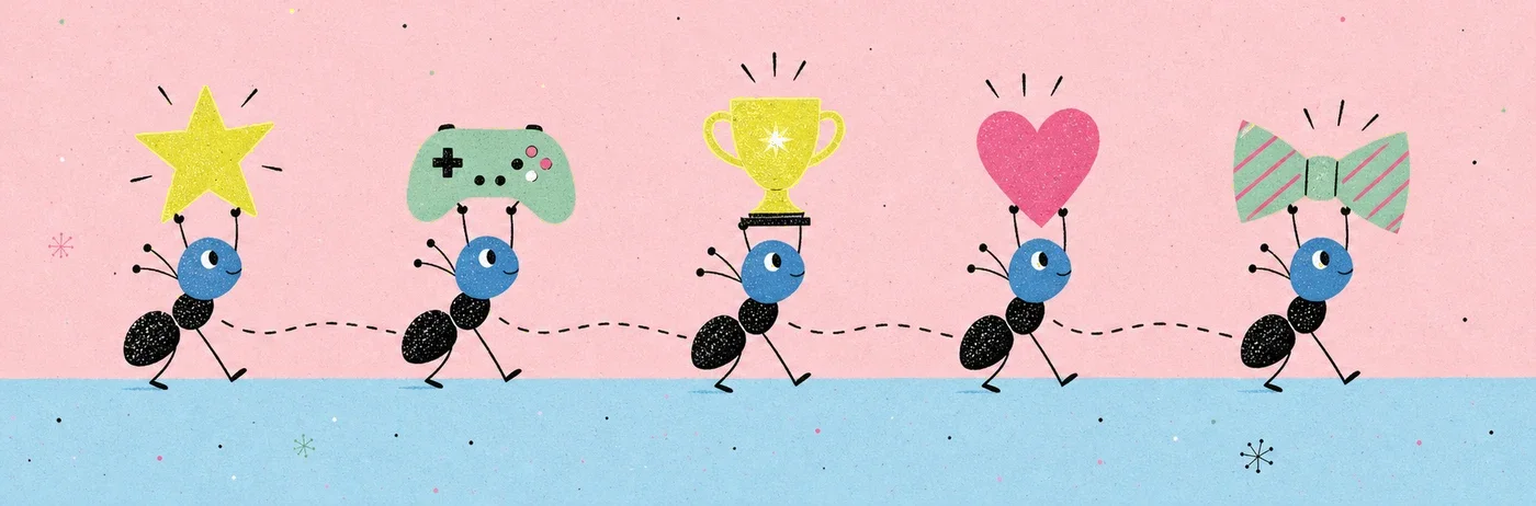 Five ants marching in a line, carrying a star, a game controller, a trophy, a heart and a bowtie