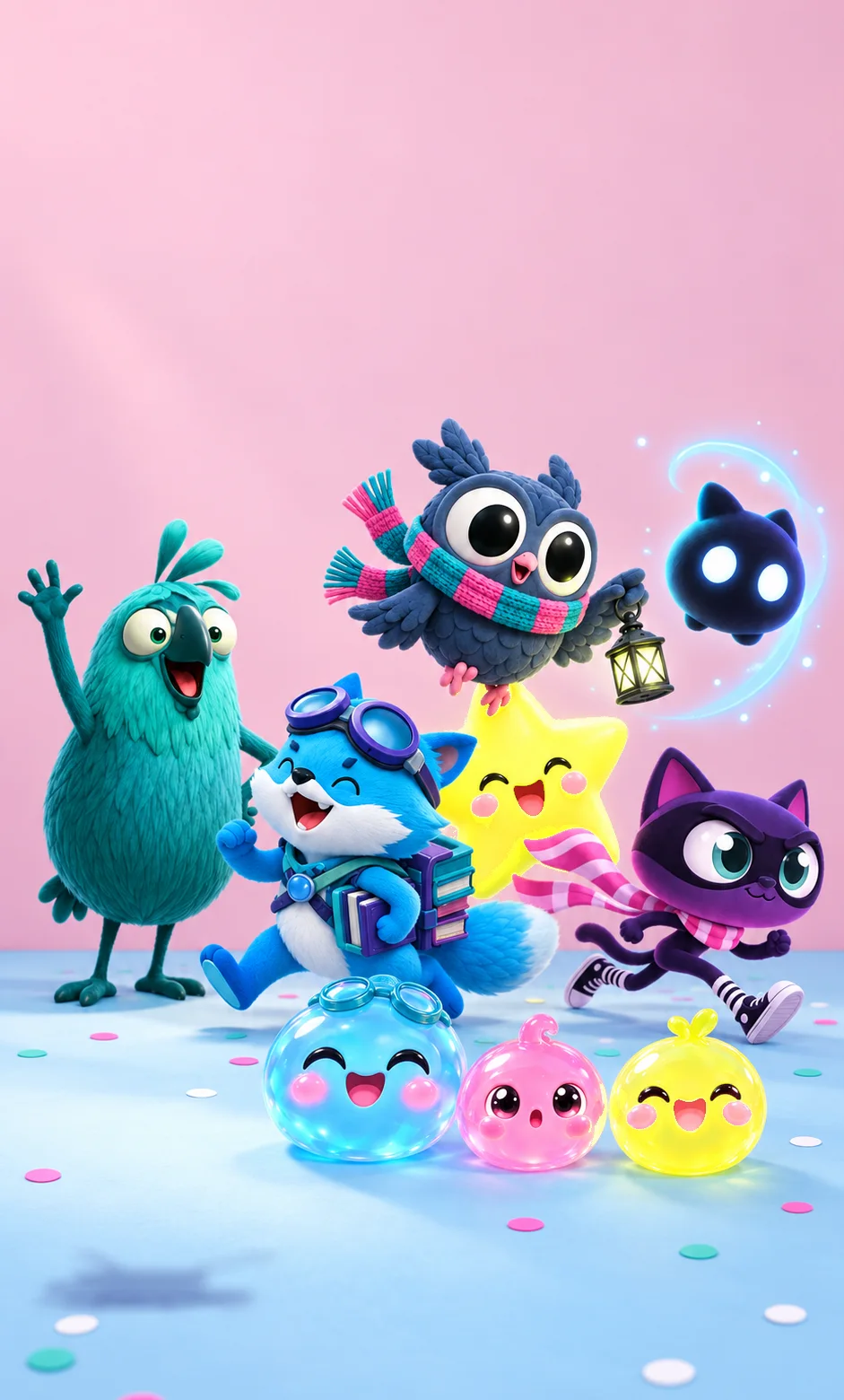 A pink and blue stage with the stars of the six FancyAnt games standing together: Hi the teal bird, Blink the blue fox, Orion the owlet on a smiling star, Agent Plum the cat, the Mote, and three Nebbles.
