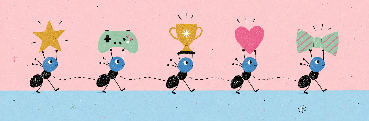 Five ants marching in a line, carrying a star, a game controller, a trophy, a heart, and a bowtie